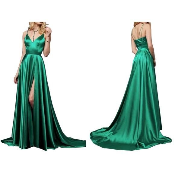 SHERRI HILL Emerald Green Satin Gown Dress Prom Pageant Leg Slit Wicked - Sz 6 - Picture 1 of 7